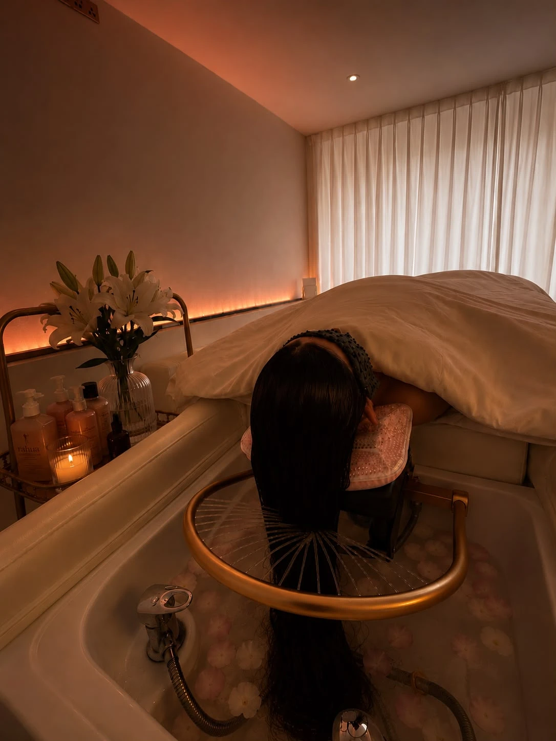 Signature waterfall hair rinse ritual at Maple Head Spa
